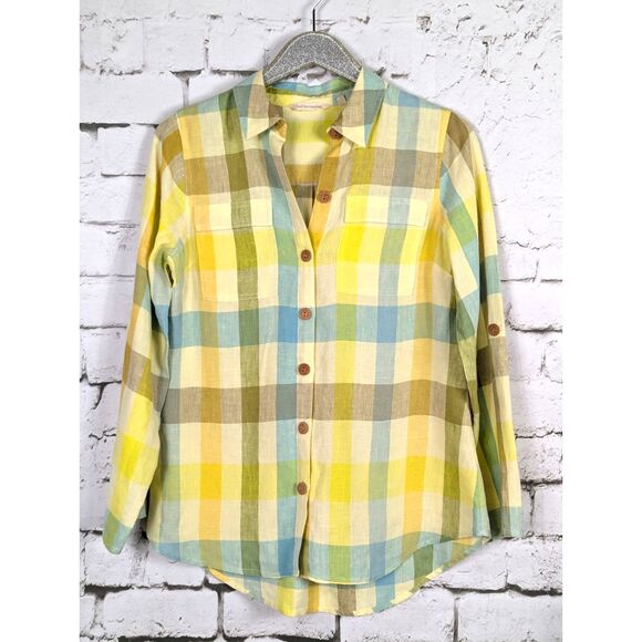 SOFT SURROUNDINGS 100% Linen Plaid Avalon Shirt Country Cottage Beachy Small - Picture 1 of 8